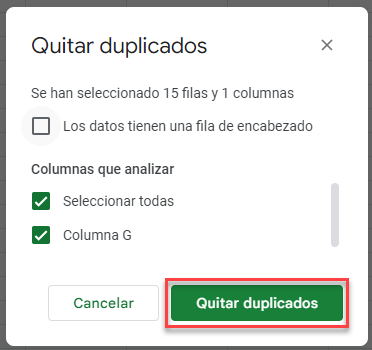 Quitar Duplicados en Google Sheets Paso2