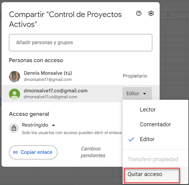 Quitar el Acceso Compartido en Google Sheets