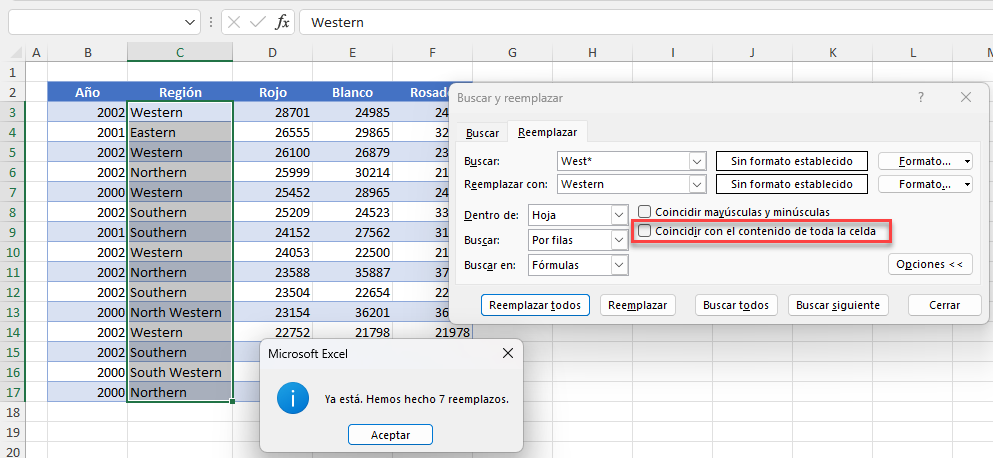 Reemplazos Realizados Coincidencia Completa Desmarcada en Excel