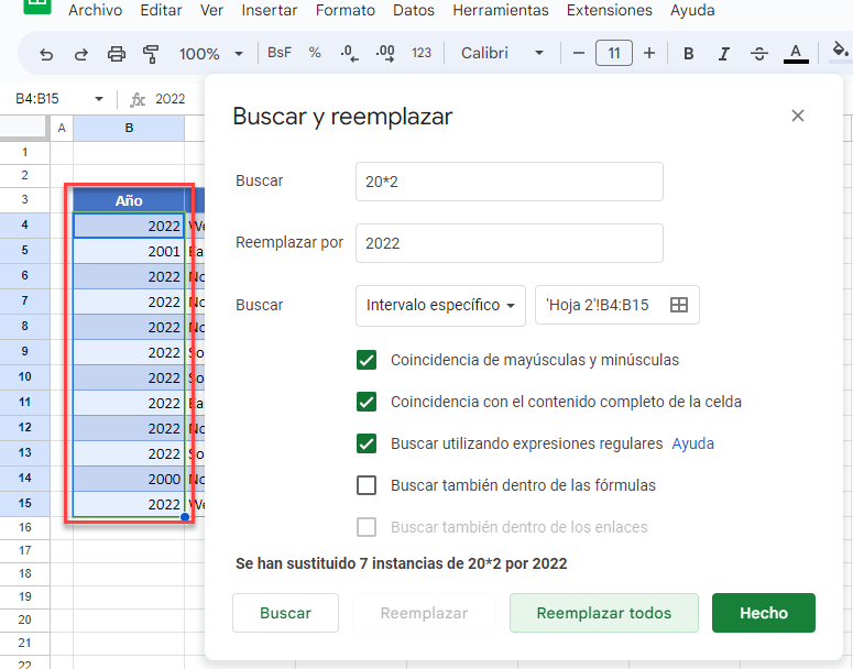 Reemplazos Usando Comodin Asterisco Realizado en Google Sheets