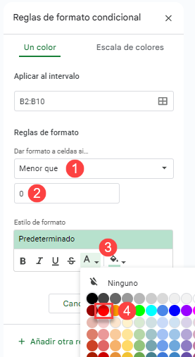 Regla de Formato Condicional Color de Fuente en Google Sheets