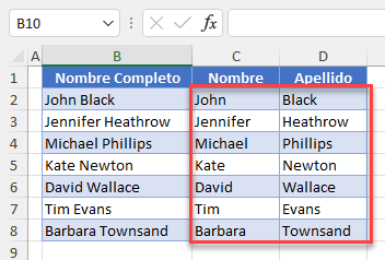 Resultado Convertir Texto a Columnas en Excel