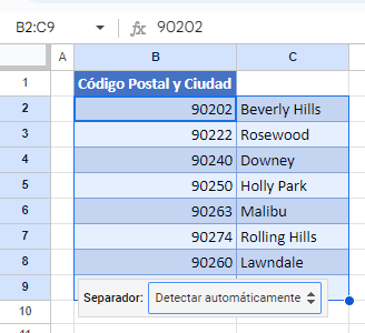 Resultado Dividir Texto en Columnas en Google Sheets