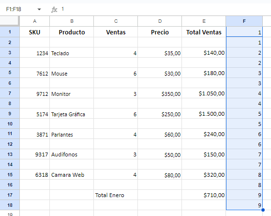 Resultado Ordenar Selección en Google Sheets