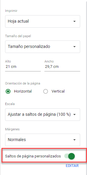 Saltos de Página Personalizados Activados en Google Sheets