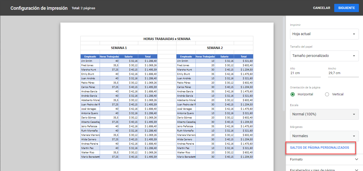 Saltos de Página Personalizados en Google Sheets