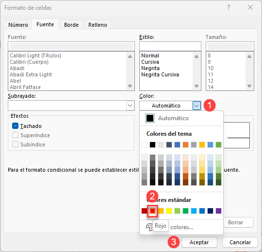 Seleccionar Color de Fuente Rojo Para Regla de Formato Condicional en Excel