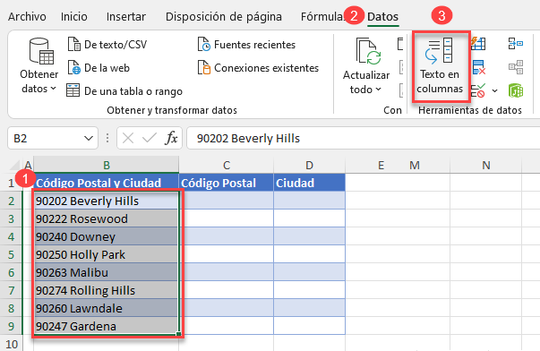 Seleccionar Rango y Comando Texto a Columnas