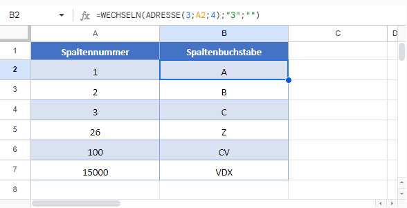 Spaltennummer in Buchstaben umwandeln google sheets