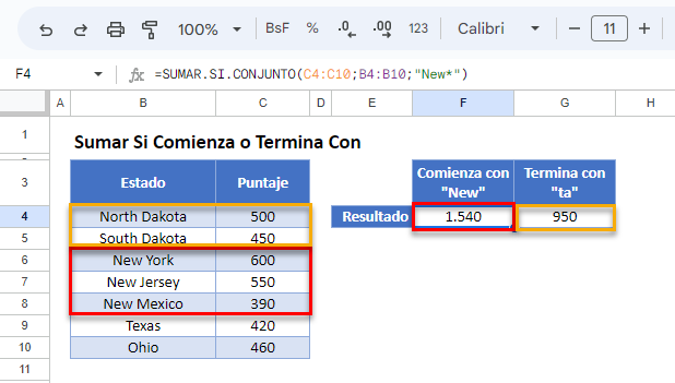 Sumar Si Comienza o Termina Con en Google Sheets