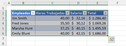 Tabla Seleccionada en Excel