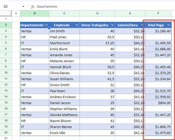 Tabla con Celdas Sin Fórmulas en Google Sheets