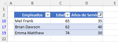 Tabla con Datos Filtrados Años de Servicio Mayor Que 30