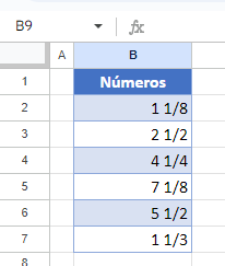 Tabla con Formato de Fracciones en Google Sheets