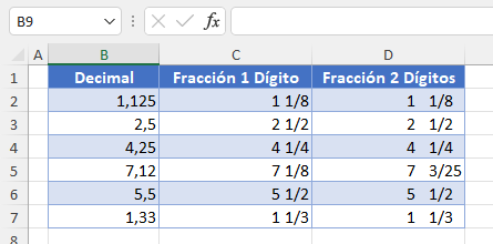 Tabla con Formatos de Decimales y Fracciones en Excel