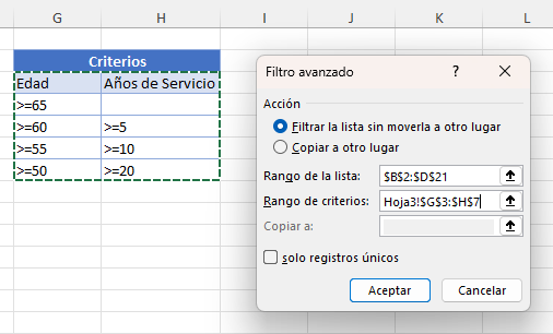 Tabla de Criterios Filtro Avanzado por Cuatro Criterios