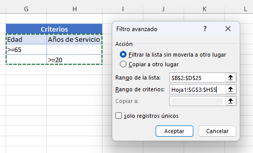 Tabla de Criterios Filtro Avanzado por Varios Criterios O