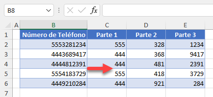 Tabla de Datos con Números de Teléfonos Separado en 3 Columnas