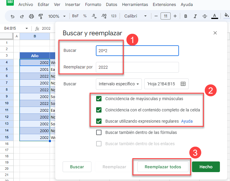 Uso de Comodines Asterisco Ventana Buscar y Reemplazar en Google Sheets