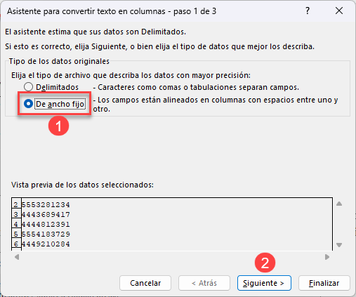 Ventana Asistente para Convertir Texto en Columnas 1 de 3