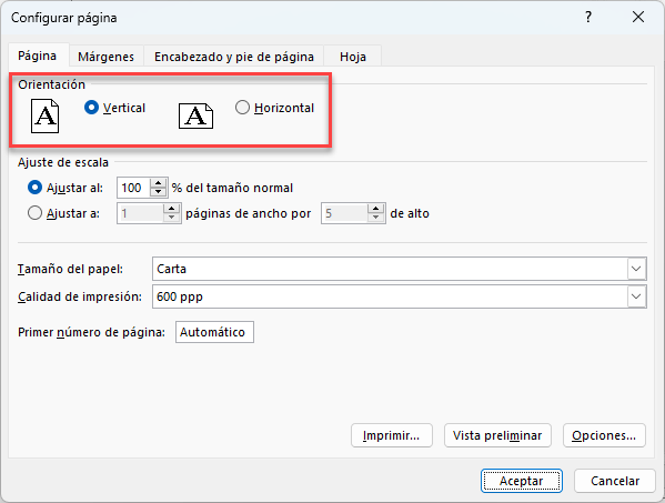 Ventana Configurar Página Cambiar Orientación en Excel