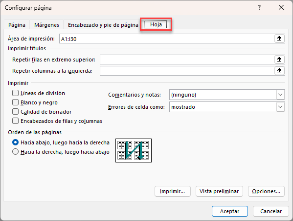 Ventana Configurar Página Pestaña Hoja en Excel