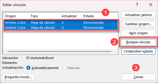 Ventana Editar Vínculos Romper Vínculo en Excel