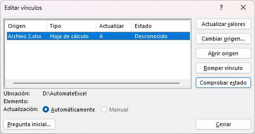 Ventana Editar Vínculos en Excel