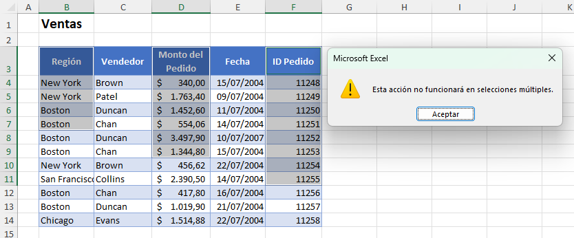 Ventana Error Esta Acción No Funcionará en Selecciones Múltiples