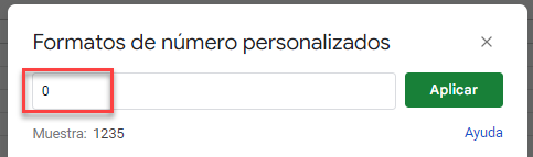 Ventana Formato de Número Personalizado en Google Sheets