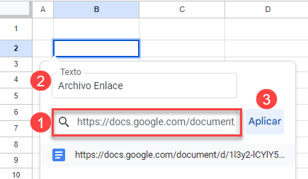 Ventana Insertar Enlace en Google Sheets