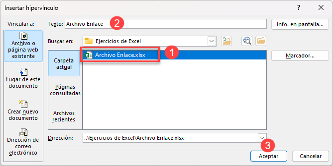 Ventana Insertar Hipervínculo en Excel