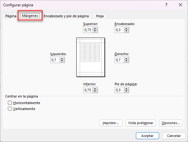 Ventana Márgenes Personalizados en Excel