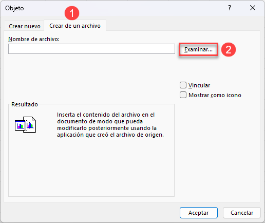 Ventana Objeto Crear desde Archivo en Excel