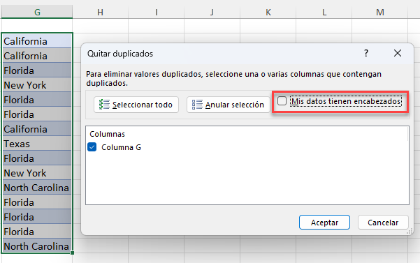 Ventana Quitar Duplicados en Excel