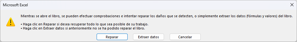 Ventana Reparar Archivo de Excel