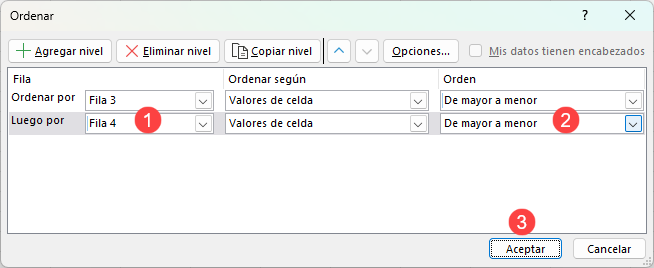 Ventana con Orden por Dos Niveles de Ordenación en Excel