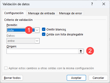 Ventana de Validación de Datos Permitir Lista