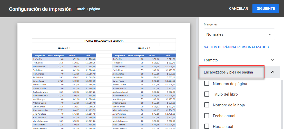 Vista Encabezados y Pié de Página en Google Sheets