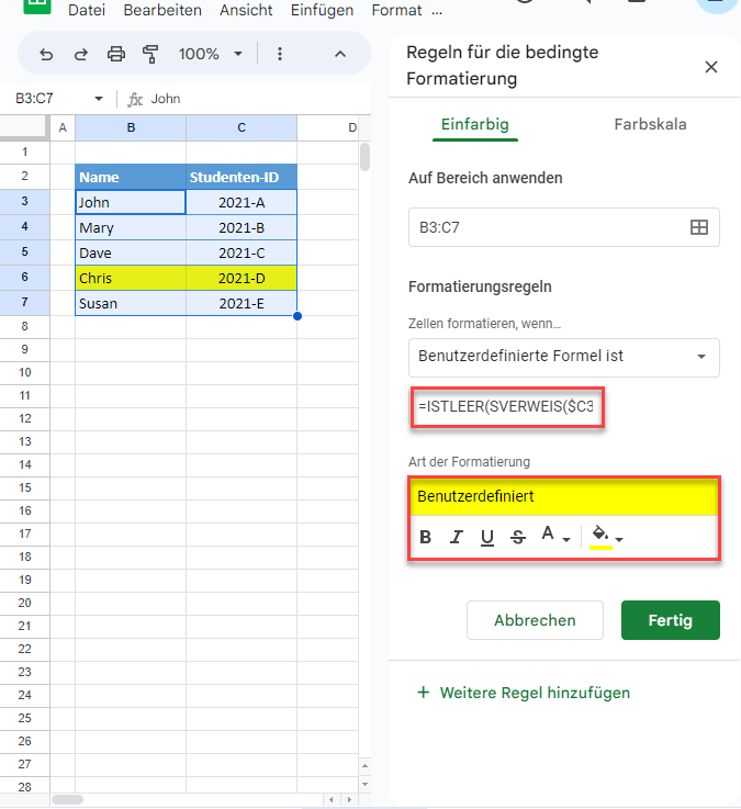 bedingte Formatierung nach sverweis ergebnis GS