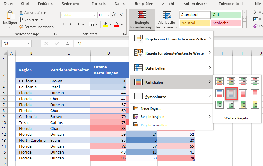 bedingte formatierung farbskalen auswahl