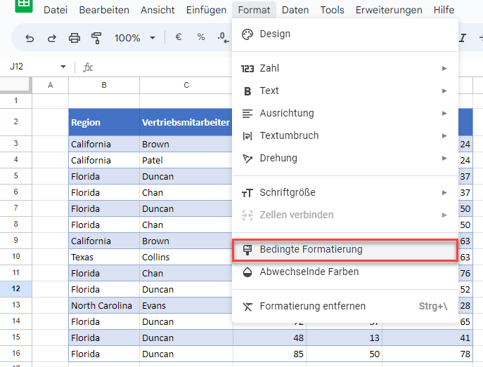 bedingte formatierung google sheets