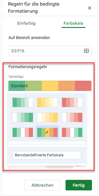 bedingte formatierung mit farbskala google sheets