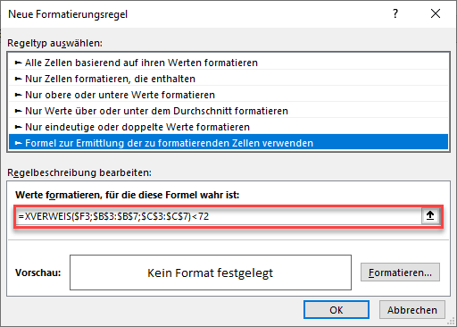 bedingte formatierung nach xverweis formel eingeben