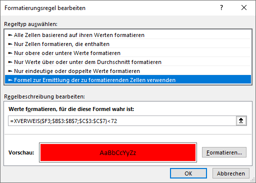 bedingte formatierung nach xverweis formel