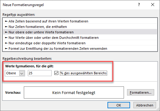 bedingte formatierung obere 25%