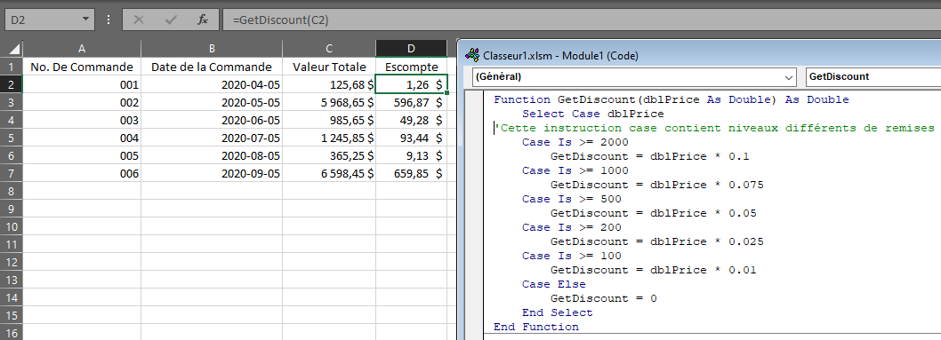 exemple utilisation fonction utilisateur instructions select case