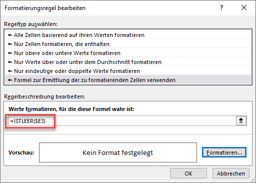 formel fuer bedingte formatierung mit istleer funktion erstellen