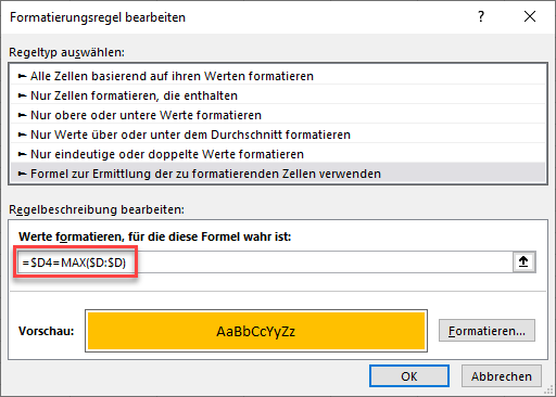 formel fuer bedingte formatierung mit max funktion erstellen