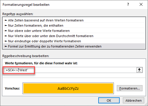 formel fuer bedingte formatierung mit ungleichheitsoperator erstellen